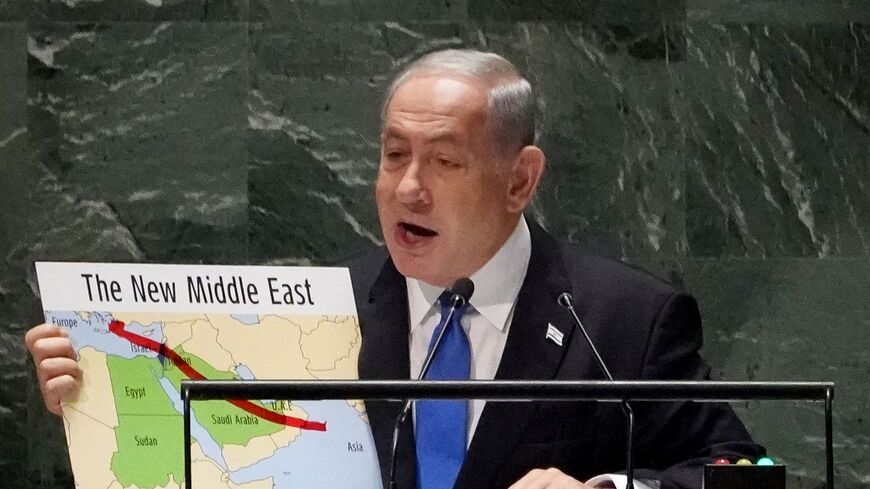 Israeli Prime Minister Benjamin Netanyahu addresses the 78th United Nations General Assembly at UN headquarters in New York City on September 22, 2023. Netanyahu called for arch-enemy Iran to face a "credible" threat of nuclear attack to stop the clerical state from obtaining an atom bomb. "Above all -- above all -- Iran must face a credible nuclear threat. As long as I'm prime minister of Israel, I will do everything in my power to prevent Iran from getting nuclear weapons," Netanyahu told the assembly (Ph