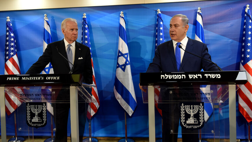 US Vice President Joe Biden (L) listens to Israeli Prime Minister Benjamin Netanyahu talk during joint statements in the prime minister's office in Jerusalem on March 9, 2016. Biden implicitly criticised Palestinian leaders for not condemning attacks against Israelis, as an upsurge in violence marred his visit. / AFP / POOL / DEBBIE HILL (Photo credit should read DEBBIE HILL/AFP via Getty Images)
