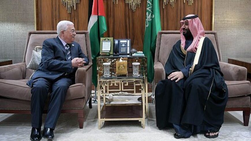 Palestinian President Mahmoud Abbas with Saudi Arabia's Crown Prince Mohammed bin Salman in Jeddah on April 19, 2023. SPA