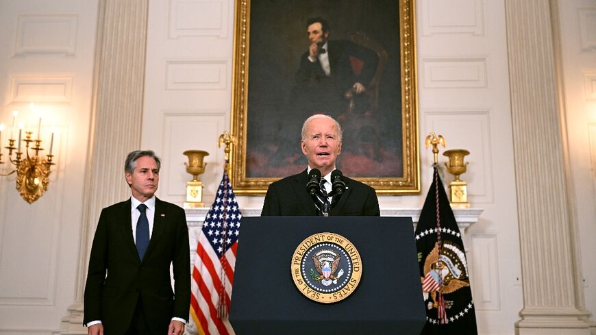 US President Joe Biden, with Secretary of State Antony Blinken, addresses the attacks in Israel 