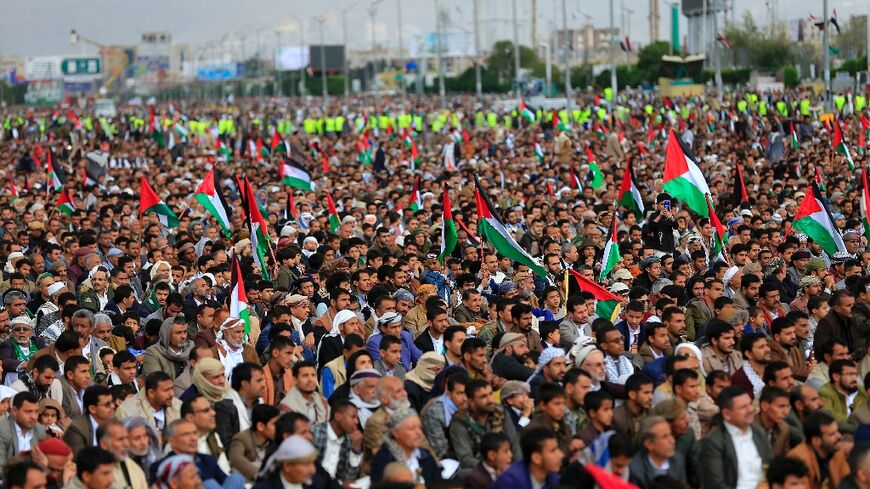 Thousands of Yemenis attended weekly Muslim prayers in the rebel-held capital Sanaa on Friday, many waving Palestinian flags in solidarity with Gaza