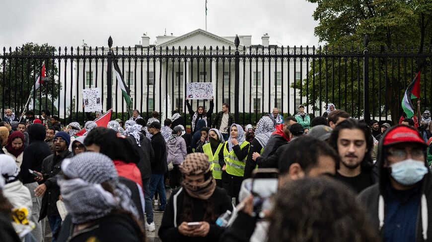 People demonstrate during a pro-Palestinian rally in front of the White House
