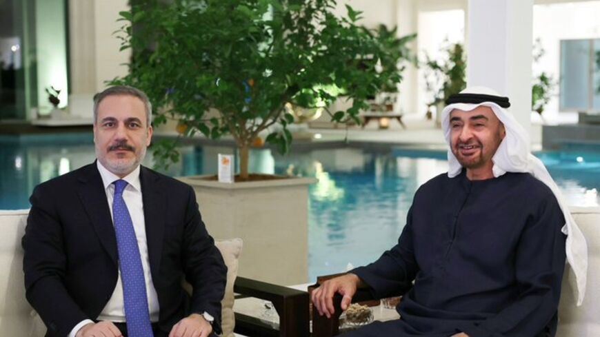 Turkish Foreign Minister Hakan Fidan and UAE's President Sheikh Mohammed bin Zayed meet on Oct. 24, 2023.