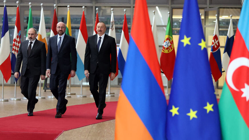 Armenian Prime Minister Nikol Pashinyan, President of the European Council Charles Michel, and Azerbaijan's President Ilham Aliyev.