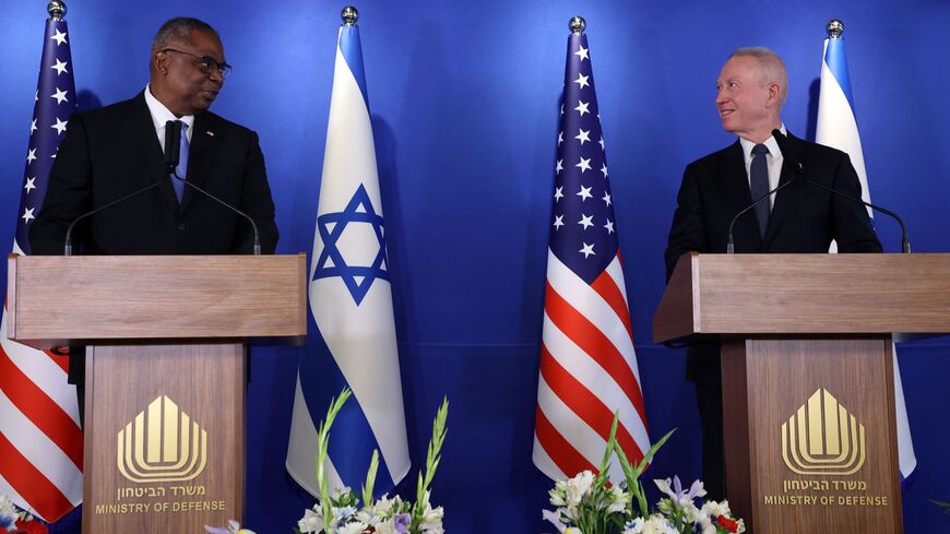 US Secretary of Defense Lloyd Austin (L) and Israeli Defense Minister Yoav Gallant speak to the press at Israel Aerospace Industries headquarters, in Tel Aviv, March 9, 2023. 
