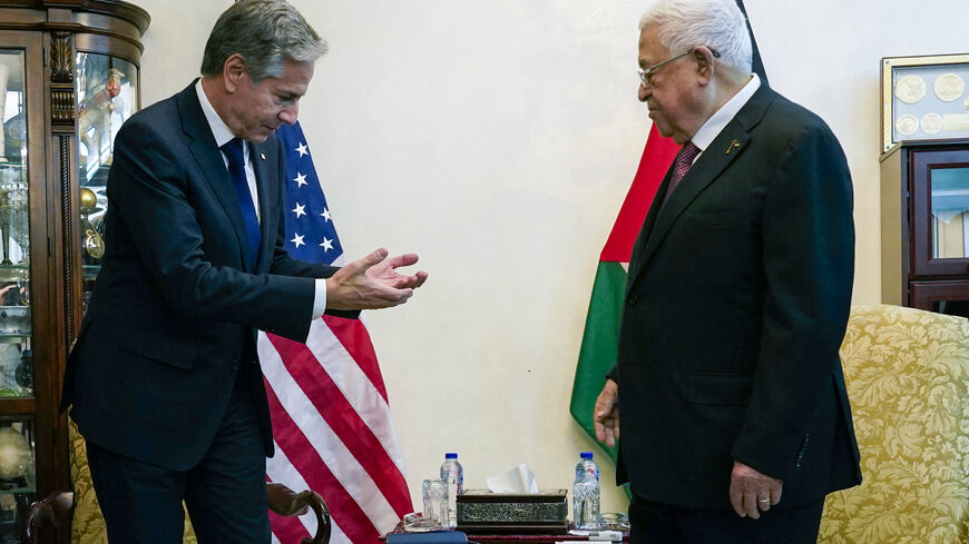 US Secretary of State Antony Blinken (L) speaks with Palestinian president Mahmud Abbas during a meeting in Amman on October 13, 2023. Blinken spent October 12 in Tel Aviv where he promised unwavering solidarity to US ally Israel after the surprise October 7 offensive by Hamas, who killed over 1,200 people and took about 150 more hostage. Israel has killed more than 1,400 people in strikes in the Gaza Strip since the Hamas attack and has cut off food, water and electricity. (Photo by Jacquelyn Martin / POOL