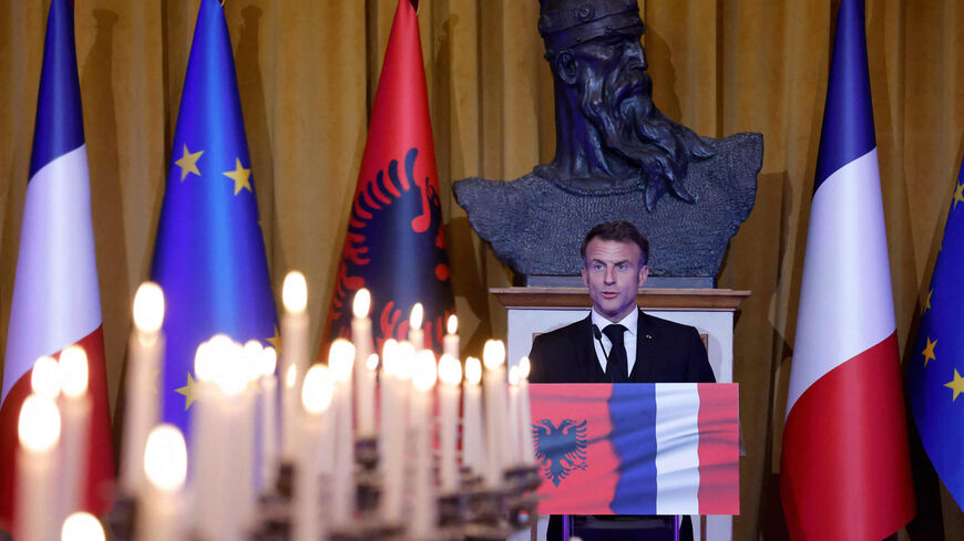 French President Emmanuel Macron delivers a speech during the official dinner at the Palace of Brigades, as part of the Western Balkans summit on European Union integration, Tirana, Albania, Oct. 16, 2023.