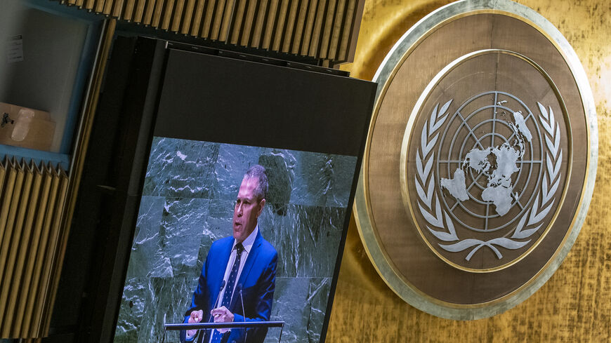 Permanent Representative of Israel to the United Nations Gilad Erdan is seen on a TV monitor.