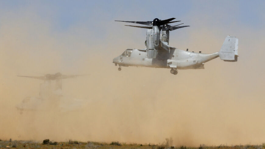 Two MV-22B Ospreys of the USMC take part in training during the joint Israeli-US military "Juniper Cobra" exercise at the Tze'elim urban warfare training centre (UWTC) base in southern Israel on March 12, 2018.