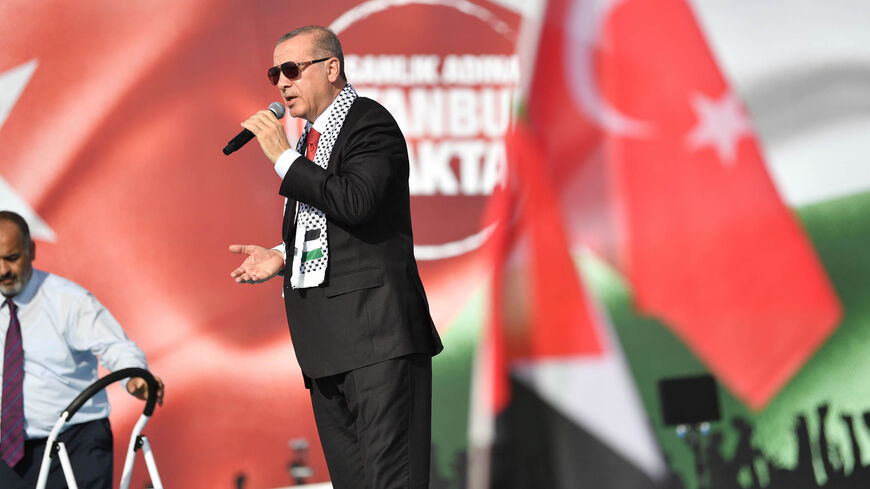 Turkish President Recep Tayyip Erdogan addresses a protest rally against the recent killings of Palestinian protesters on the Gaza-Israel border and the US Embassy move to Jerusalem, in Istanbul, May 18, 2018.