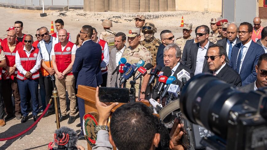 UN Secretary-General Antonio Guterres speaks at at press conference on the Egyptian side of the Rafah crossing on the border with the Gaza Stirp