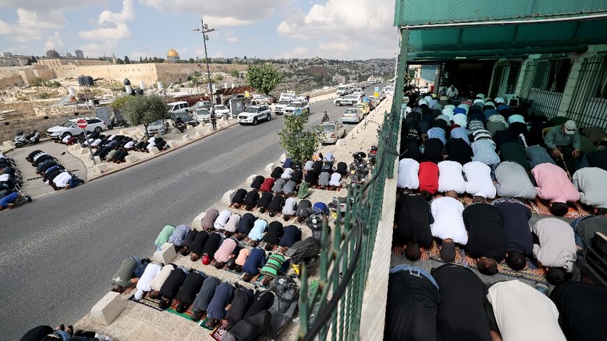With many Muslims unable to reach Jerusalem's Al-Aqsa mosque to pray, they could be seen praying on the streets outside the Old City 
