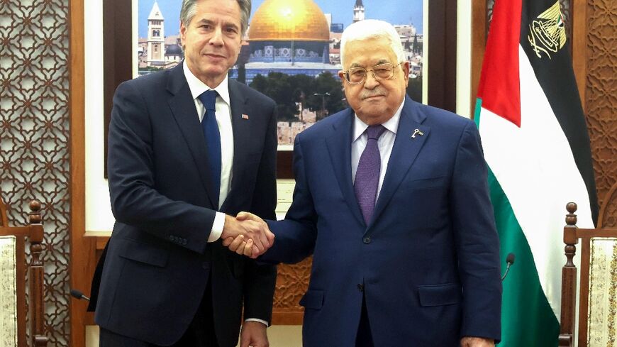 Palestinian president Mahmud Abbas (R) meeting with US Secretary of State Antony Blinken in the occupied West Bank city of Ramallah