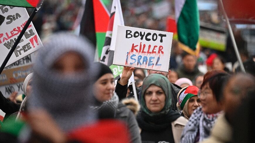 Many protesters accused Israel of conducting a 'genocide' against Palestinians in Gaza, with some calling for a boycott on Israeli products