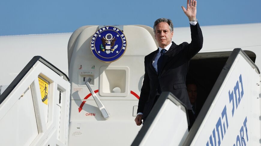 US Secretary of State Antony Blinken disembarks from an aircraft at Ben Gurion airport near Tel Aviv