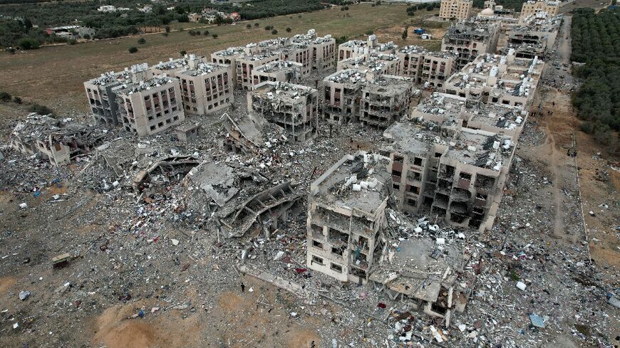 An aerial view shows the destruction caused by Israeli strikes in Wadi Gaza, in the central Gaza Strip