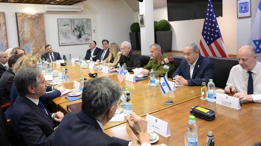Israeli Prime Minister Benjamin Netanyahu speaks at a war cabinet meetting attended by US Secretary of State Antony Blinken, 2nd from left, in Tel Aviv, Nov. 3, 2023.
