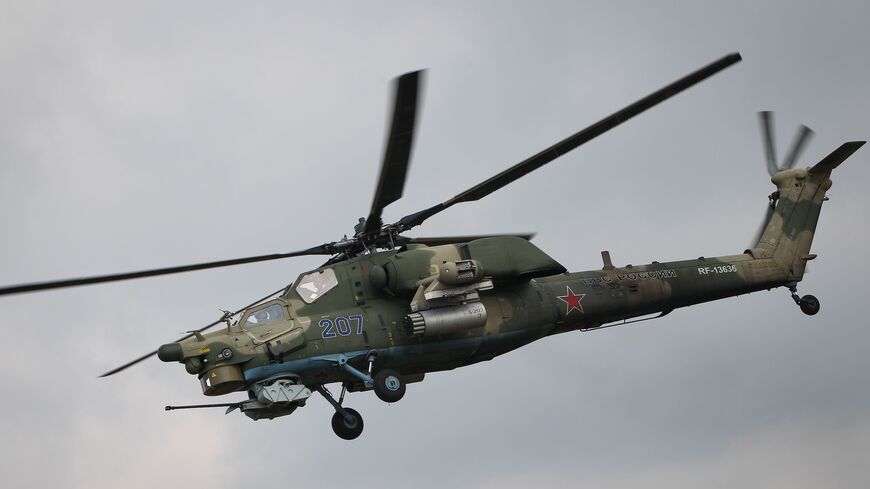 A Mil Mi-28 Night Hunter military helicopter takes part in a military aviation competition in Russia's Krasnodar region on March 28, 2019.