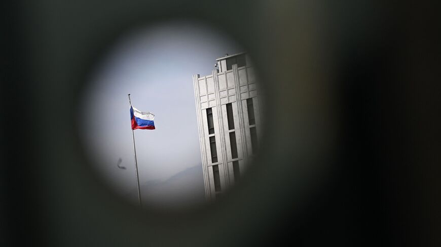 A Russian flag raised at the Russia Embassy in Washington, DC, April 15, 2021.