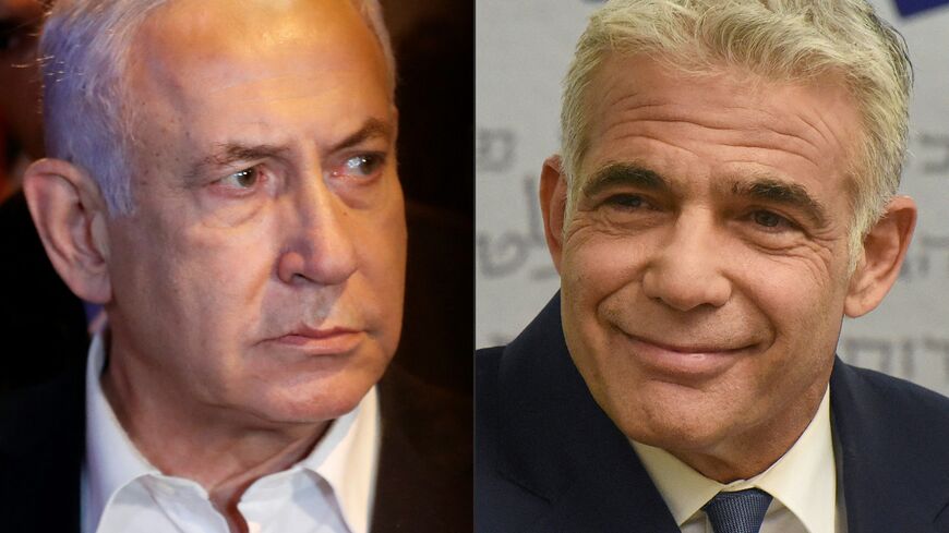 (COMBO) This combination of pictures created on June 2, 2021 shows Israeli Prime Minister Benjamin Netanyahu in the city of Lod early on May 12, 2021 and Israel's centrist opposition leader Yair Lapid at the Knesset (Israeli parliament) in Jerusalem on May 31, 2021. - Israel's opposition leader Yair Lapid said he had succeeded in forming a coalition to end the rule of Prime Minister Benjamin Netanyahu, the country's longest serving leader.Lapid's announcement came in the final hour before a midnight deadlin