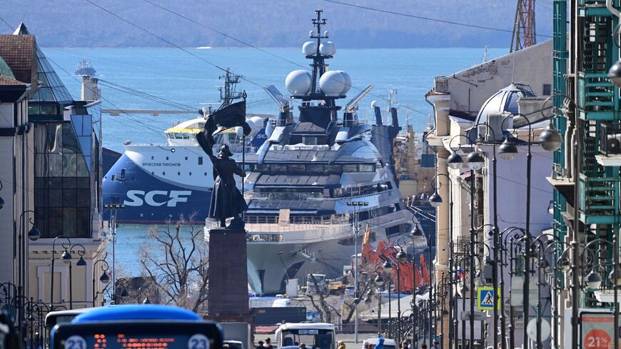 The 142-meter luxury yacht Nord, reportedly owned by Russian tycoon Alexei Mordashov, arrives in the far eastern city of Vladivostok on March 31, 2022.