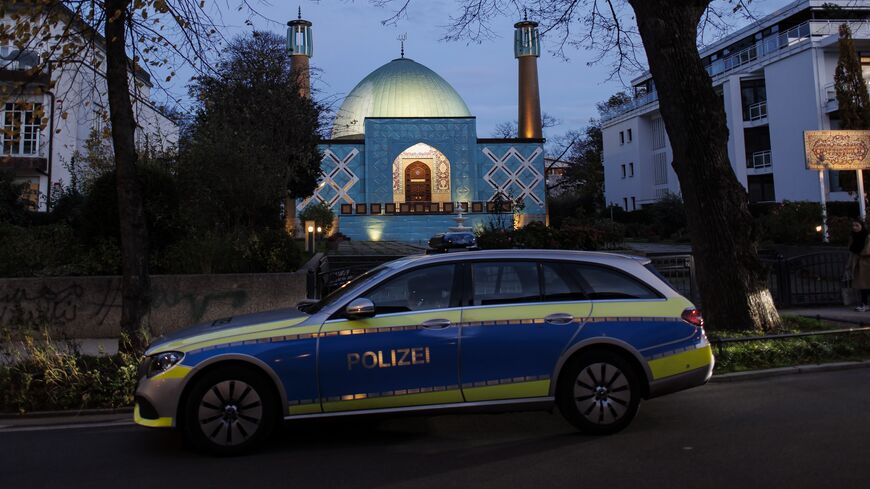 A police car sits in front of the Islamic Center Hamburg (Islamisches Zentrum Hamburg) in Hamburg, Germany, Nov. 9, 2022.