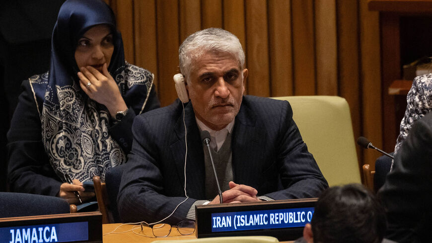 Permanent Representative of Iran Amir Saeid Iravani is seen during the 5th plenary meeting of the Economic and Social Council regarding the removal of the Islamic Republic of Iran from membership in the Commission on the Status of Women at the United Nations headquarters, New York, Dec. 14, 2022.