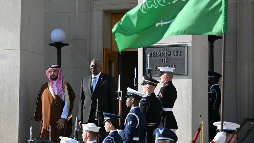US Secretary of Defense Lloyd Austin welcomes Saudi Defense Minister Khalid bin Salman to the Pentagon in Washington, DC, on November 1, 2023. (Photo by Mandel NGAN / AFP) (Photo by MANDEL NGAN/AFP via Getty Images)