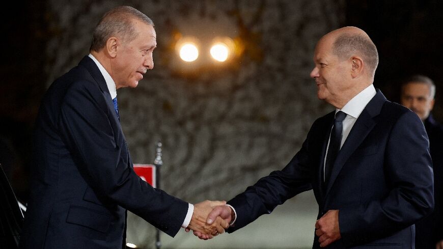 President Recep Tayyip Erdogan, left, and Olaf Scholz acknowledged their divergent views on the Gaza fighting