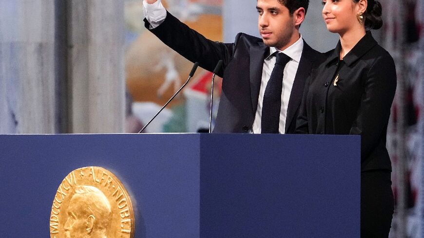 Ali and Kiana Rahmani, children of the 2023 Nobel Peace Prize laureate Narges Mohammadi, at the Oslo ceremony