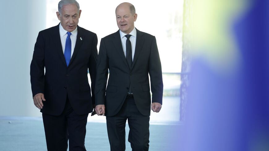 BERLIN, GERMANY - MARCH 16: German Chancellor Olaf Scholz (R) and Israeli Prime Minister Benjamin Netanyahu arrive to speak to the media following talks at the Chancellery on March 16, 2023 in Berlin, Germany. Netanyahu's one-day visit to Berlin is being accompanied by protests, including both by people angry over Israel’s policies towards Palestinians as well as those critical of possible new legislation in Israel supported by Netanyahu that would undermine the independence and the power of Israel's Suprem