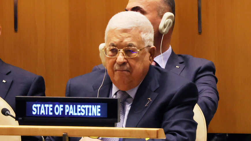 Palestinian President Mahmoud Abbas attends an observation of the 75th anniversary of the Nakba in the General Assembly Hall at the United Nations on May 15, 2023 in New York City.