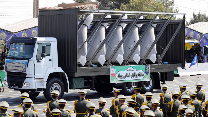 A truck carries Iranian drones during the annual military parade marking the anniversary of the outbreak of the devastating 1980-1988 war with Saddam Hussein's Iraq, Tehran, Iran, Sept. 22, 2023.