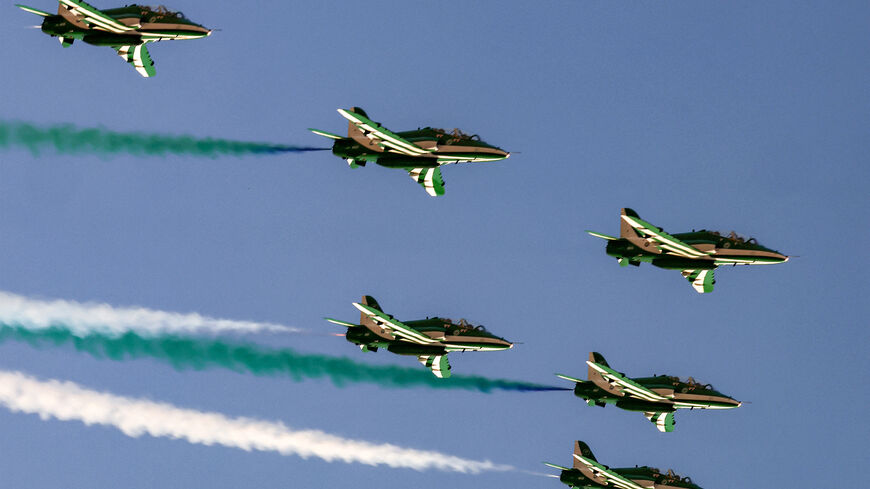 Hawk T1A trainer aircraft of the Saudi Falcons aerobatic team perform during an air show marking Saudi Arabia's 93rd National Day celebrations in Riyadh on September 23, 2023. (Photo by Fayez Nureldine / AFP) (Photo by FAYEZ NURELDINE/AFP via Getty Images)