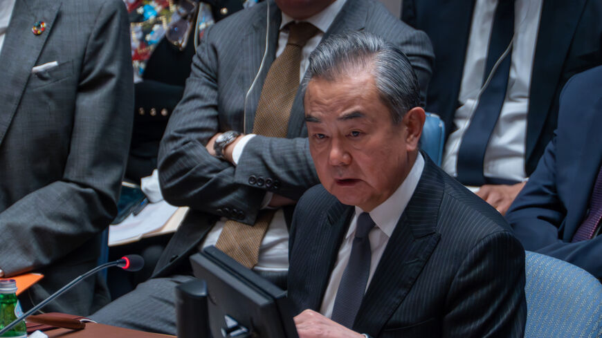 Wang Yi speaks during a UN Security Council meeting on the situation in the Middle East and the Israel-Hamas war at the United Nations headquarters on Nov. 29, 2023. 