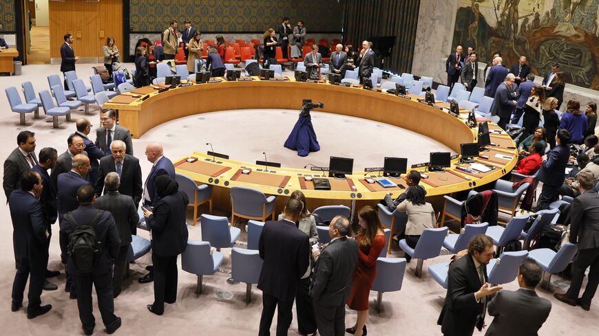 Members of the UN Security Council hold sideline meetings as they take a break at the United Nations headquarters on Dec. 19, 2023, in New York City. 