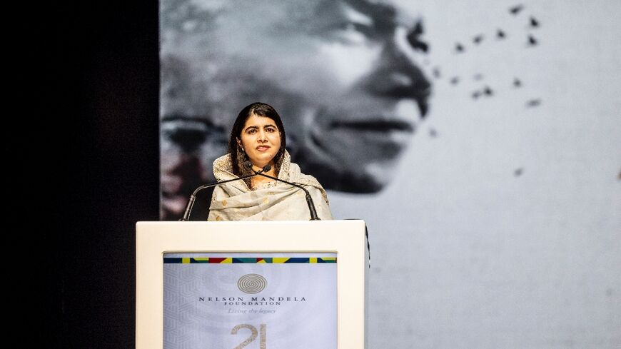 Nobel Peace Prize laureate Malala Yousafzai delivers the 21st Nelson Mandela Annual Lecture at the Johannesburg Theatre