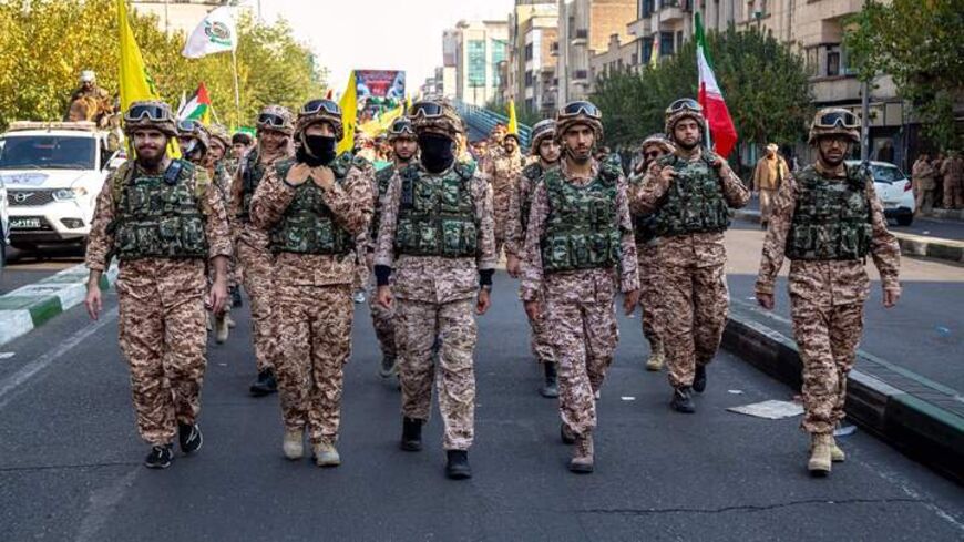 Islamic Revolutionary Guard Corps (IRGC) military personnel are participating in the Ela Beit Al-Moghaddas (Al-Aqsa Mosque) military rally in Tehran, Iran, Nov. 24, 2023.