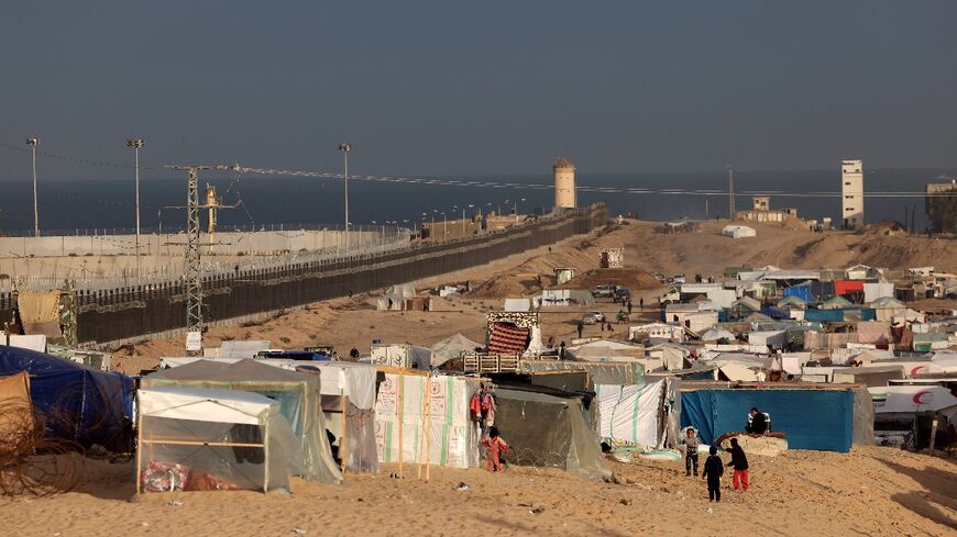 A makeshift camp housing displaced Palestinians in Rafah, near the Egyptian border in the southern Gaza Strip
