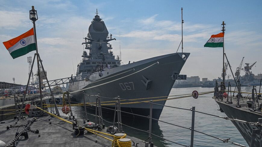 The second stealth guided missile destroyer of Project 15B of the Indian navy is seen docked at the Naval Dockyard in Mumbai.