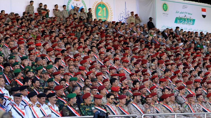 Houthi soldiers attend a military parade marking the ninth anniversary of the Houthi takeover of the capital Sanaa on Sept. 21, 2023.