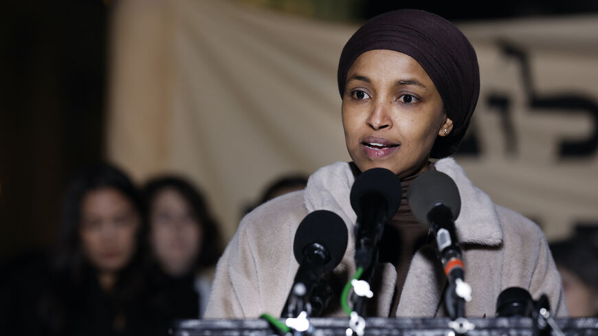 WASHINGTON, DC - NOVEMBER 13: U.S. Rep. Ilhan Omar (D-MN) speaks during a news conference calling for a ceasefire in Gaza outside the U.S. Capitol building on November 13, 2023 in Washington, DC. House Democrats held the news conference alongside rabbis with the activist group Jewish Voices for Peace. (Photo by Anna Moneymaker/Getty Images)