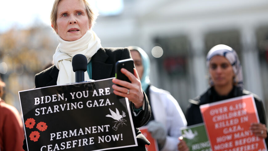 WASHINGTON, DC - NOVEMBER 27: Actress Cynthia Nixon speaks as she announces a hunger strike calling for a ceasefire in Gaza outside the White House on November 27, 2023 in Washington, DC. Nixon, who was joined by state legislators, community leaders and activist, demands that President Biden call for a permanent ceasefire in the Israel-Hamas war and stops military aid to Israel. (Photo by Kevin Dietsch/Getty Images)