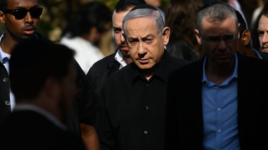Israeli Prime Minister Benjamin Netanyhu attends the funeral for First Sergeant Major Gal Meir Eisenkot in Herzliya, Dec.  8, 2023.