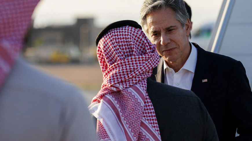 US Secretary of State Antony Blinken is greeted by Saudi Foreign Minister Prince Faisal bin Farhan as he arrives at al-Ula in northwestern Saudi Arabia on January 8, 2024, during his week-long trip aimed at calming tensions across the Middle East.