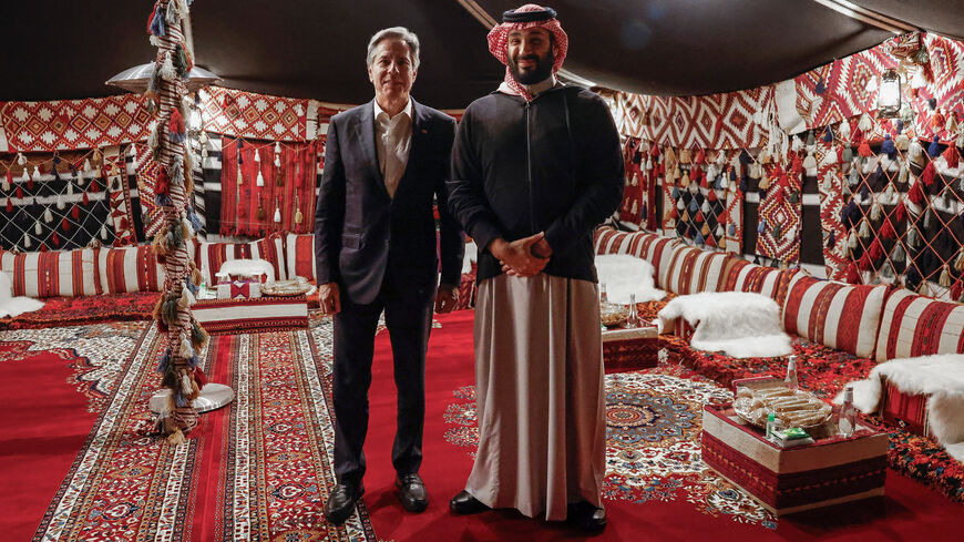 US Secretary of State Antony Blinken's meets with Saudi Crown Prince Mohammed bin Salman at al-Ula in northwestern Saudi Arabia on January 8, 2024, during his week-long trip aimed at calming tensions across the Middle East.