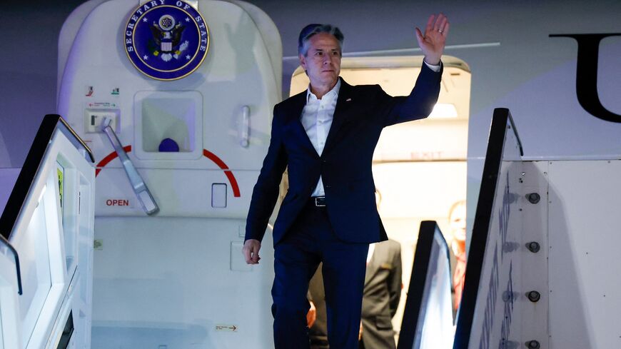 US Secretary of State Antony Blinken gestures as he arrives in Tel Aviv on Jan. 8, 2024.