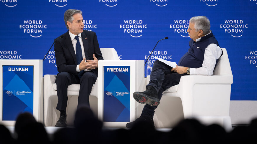 US Secretary of State Antony Blinken (L) speaks with Foreign Affairs columnist Thomas Friedman during a meeting as part of the World Economic Forum (WEF) in Davos on January 17, 2024.