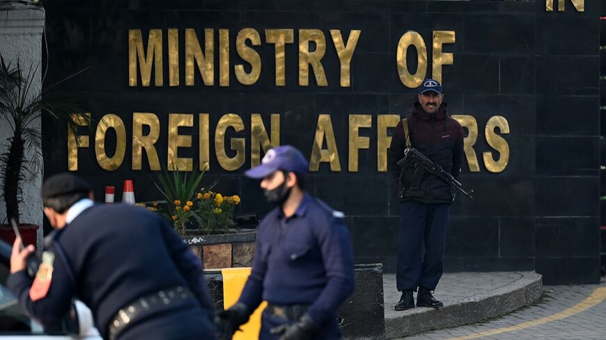 Pakistani police officers stand guard outside the Ministry of Foreign Affairs in Islamabad on Jan. 18, 2024. Pakistan said on Jan. 18 it carried out strikes against militant targets in Iran, after Tehran launched attacks on Pakistani territory earlier this week.