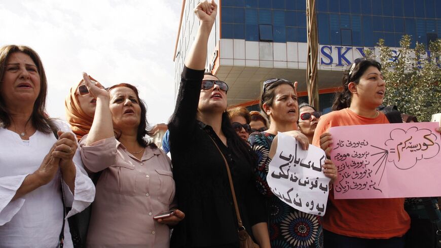 Iraqi teachers and civil servants protest on Oct. 7, 2015 in Sulaimaniyah, in Iraq's Kurdistan region.